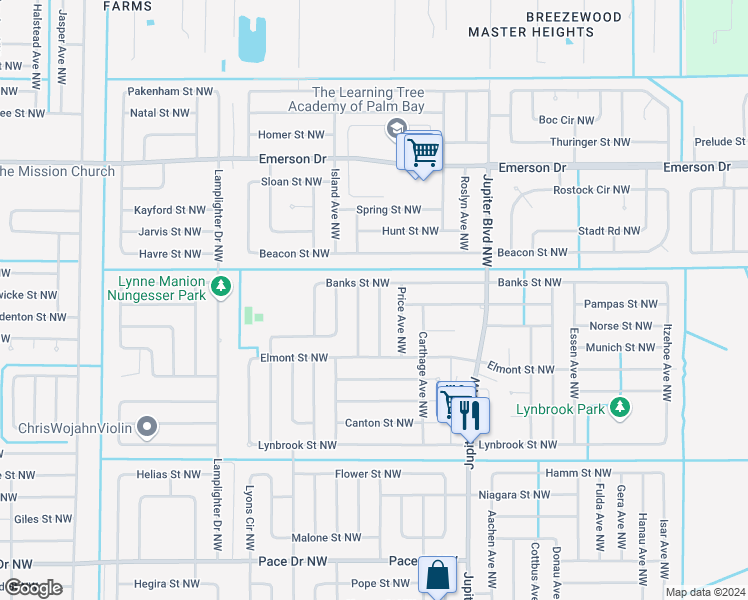 map of restaurants, bars, coffee shops, grocery stores, and more near 1178 Jericho Avenue Northwest in Palm Bay