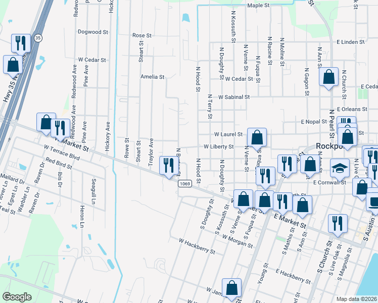 map of restaurants, bars, coffee shops, grocery stores, and more near 515 North Hood Street in Rockport