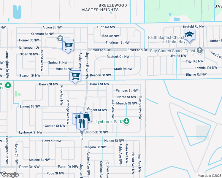 map of restaurants, bars, coffee shops, grocery stores, and more near 1166 Essen Avenue Northwest in Palm Bay