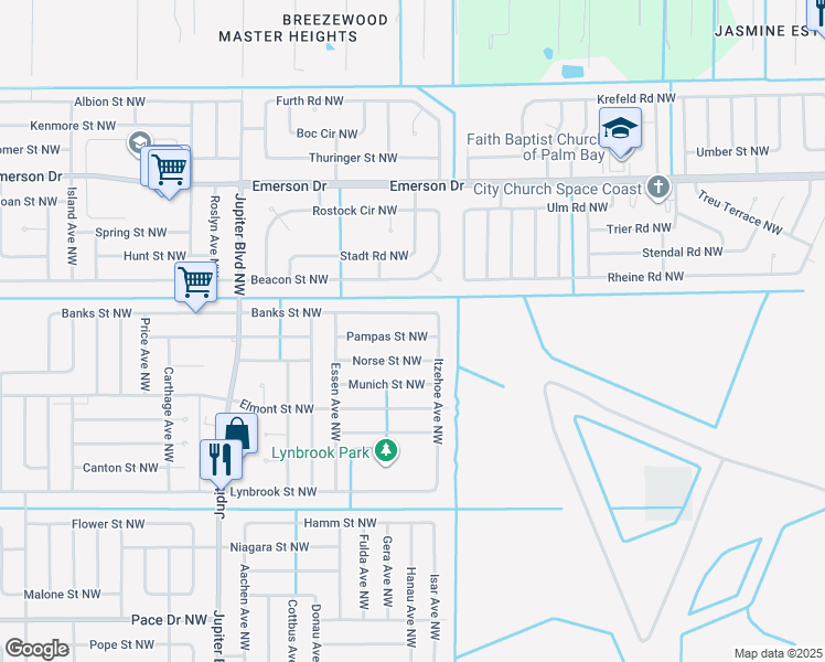 map of restaurants, bars, coffee shops, grocery stores, and more near 649 Banks Street Northwest in Palm Bay
