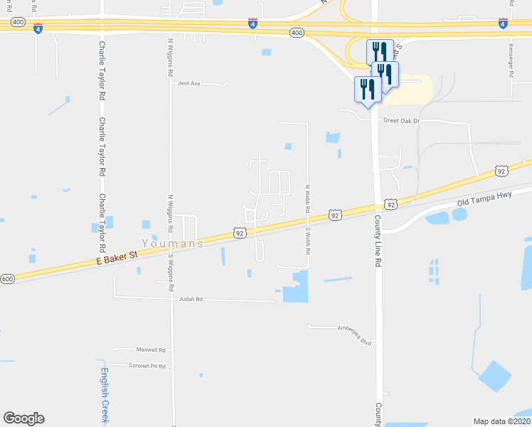 map of restaurants, bars, coffee shops, grocery stores, and more near 4016 Bamboo Palm Way in Plant City