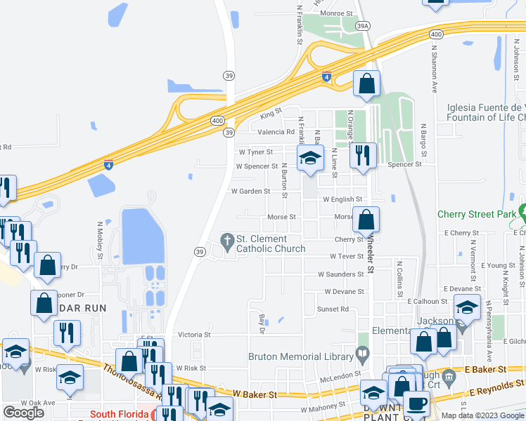 map of restaurants, bars, coffee shops, grocery stores, and more near 1303 North Ferrell Street in Plant City