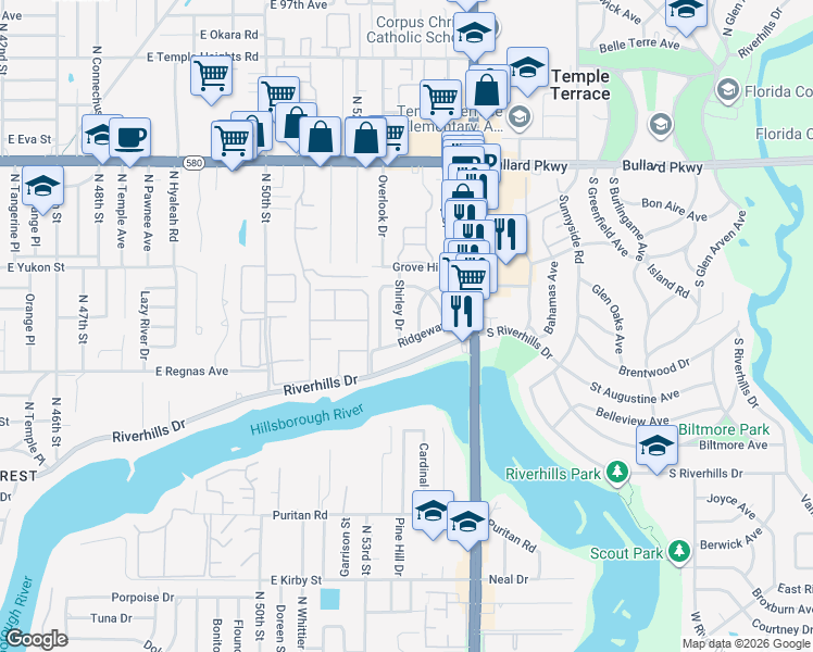 map of restaurants, bars, coffee shops, grocery stores, and more near 8605 Shirley Drive in Temple Terrace