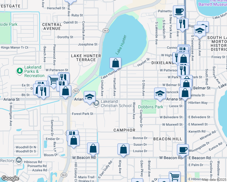 map of restaurants, bars, coffee shops, grocery stores, and more near 101 Lake Hunter Drive in Lakeland