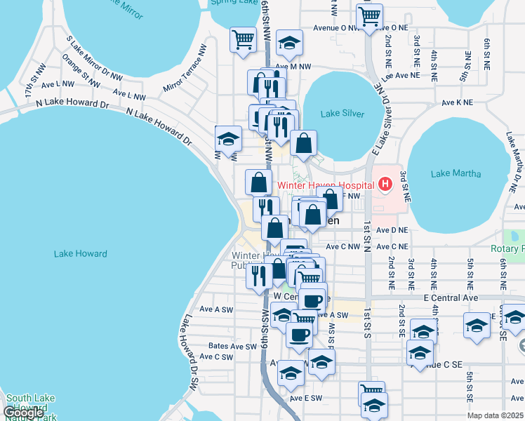 map of restaurants, bars, coffee shops, grocery stores, and more near 650 Avenue F Northwest in Winter Haven