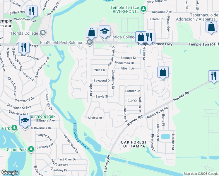 map of restaurants, bars, coffee shops, grocery stores, and more near 8505 Temple Park Drive in Tampa