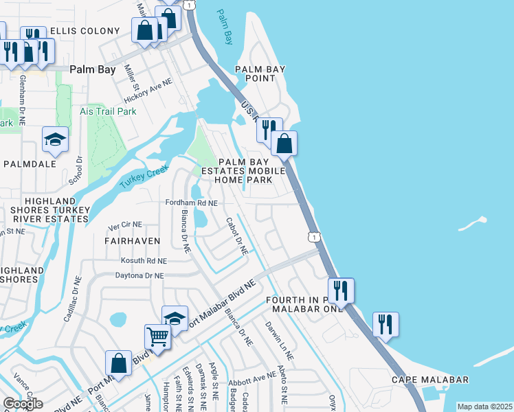 map of restaurants, bars, coffee shops, grocery stores, and more near 3113 Indian River Drive Northeast in Palm Bay