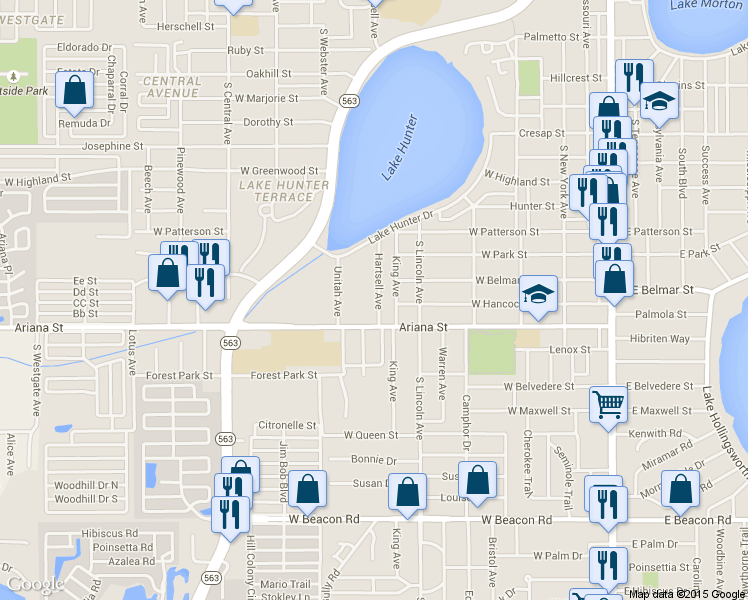 map of restaurants, bars, coffee shops, grocery stores, and more near 101 Lake Hunter Drive in Lakeland