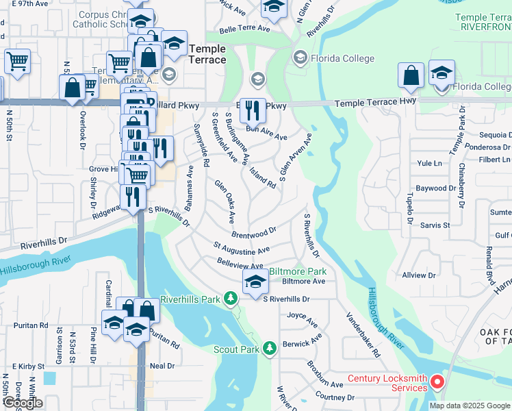 map of restaurants, bars, coffee shops, grocery stores, and more near 403 Belvedere Oval in Temple Terrace