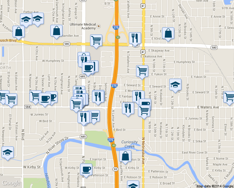 map of restaurants, bars, coffee shops, grocery stores, and more near 8511 North Lamar Avenue in Tampa