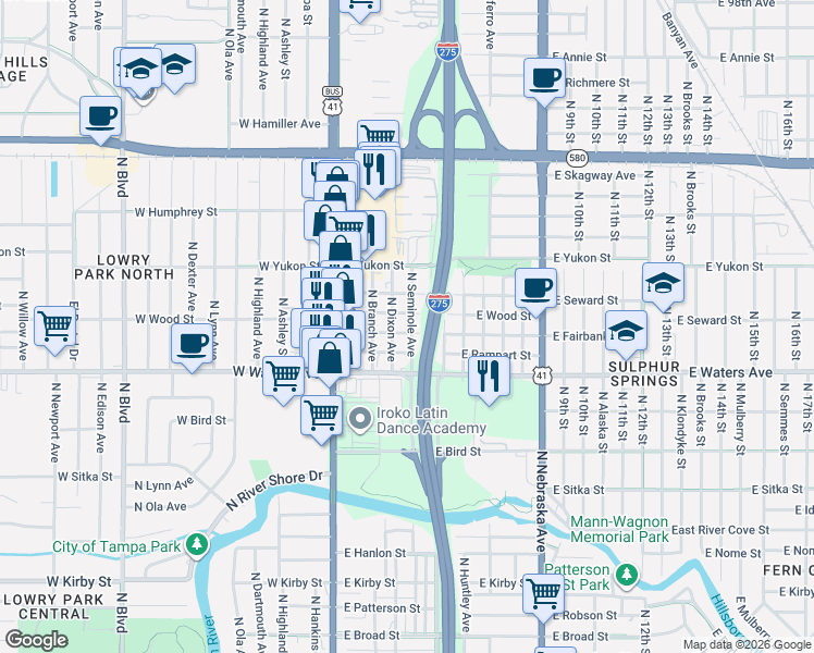 map of restaurants, bars, coffee shops, grocery stores, and more near 8514 North Seminole Avenue in Tampa