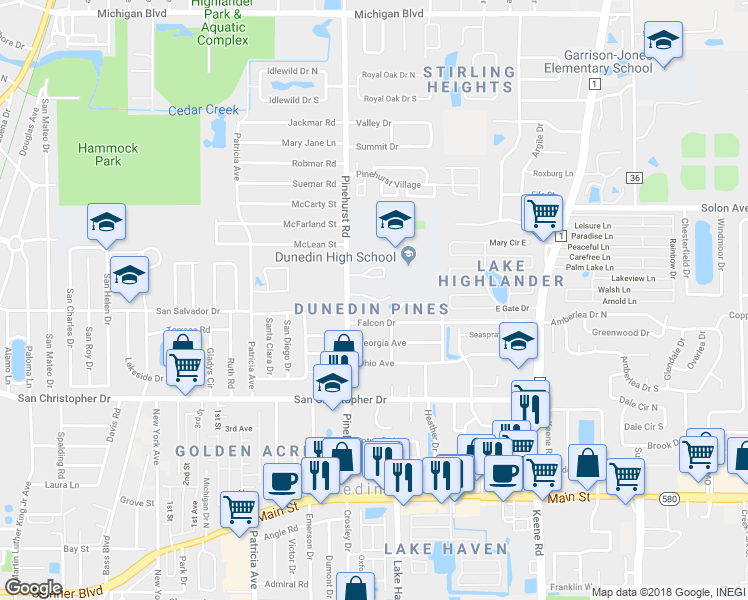 map of restaurants, bars, coffee shops, grocery stores, and more near 1651 County Road 99 in Dunedin