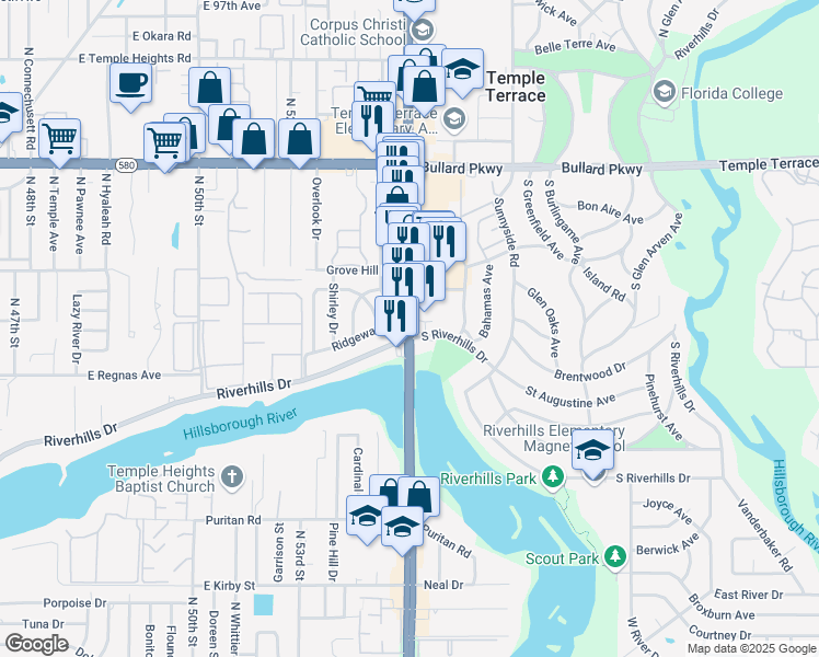 map of restaurants, bars, coffee shops, grocery stores, and more near 8600 North 56th Street in Temple Terrace