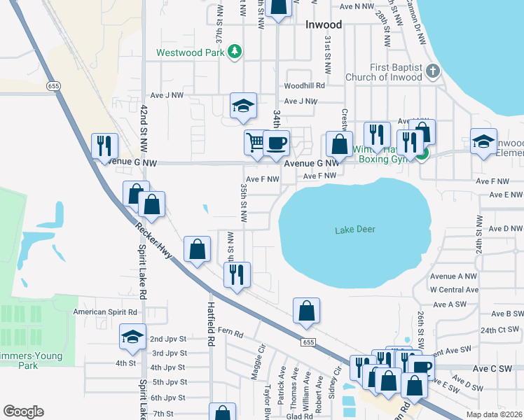 map of restaurants, bars, coffee shops, grocery stores, and more near 3440 Avenue D Northwest in Winter Haven