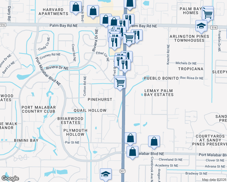 map of restaurants, bars, coffee shops, grocery stores, and more near 2160 Forest Knoll Drive Northeast in Palm Bay