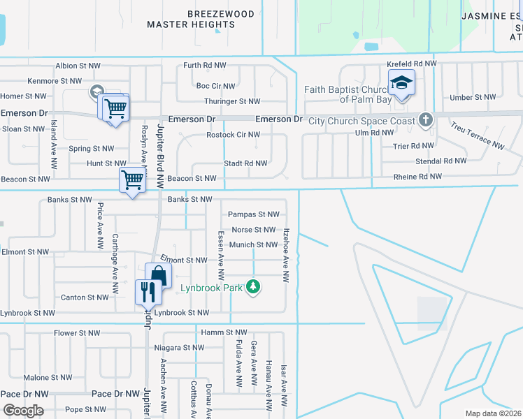 map of restaurants, bars, coffee shops, grocery stores, and more near 675 Pampas Street Northwest in Palm Bay