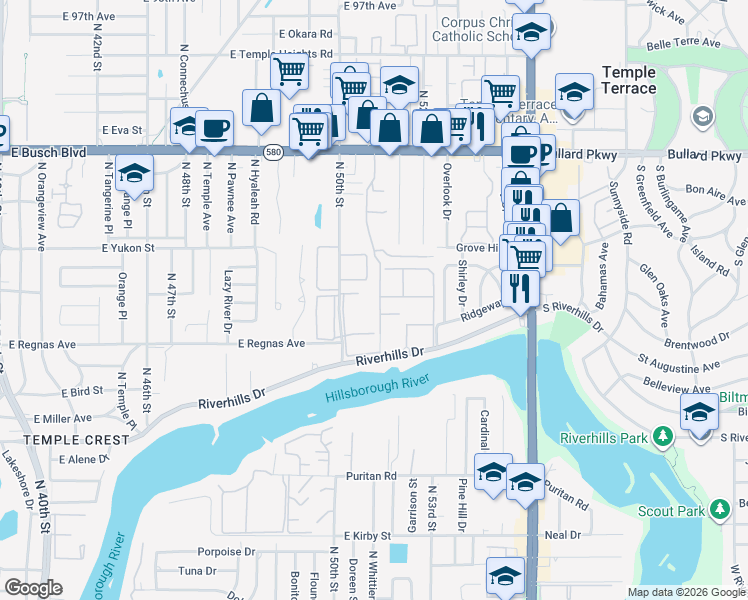 map of restaurants, bars, coffee shops, grocery stores, and more near 5008 Sierra Place in Tampa