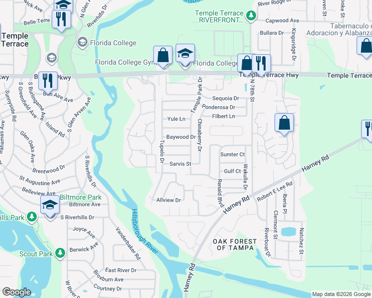 map of restaurants, bars, coffee shops, grocery stores, and more near 8511 Temple Park Drive in Tampa