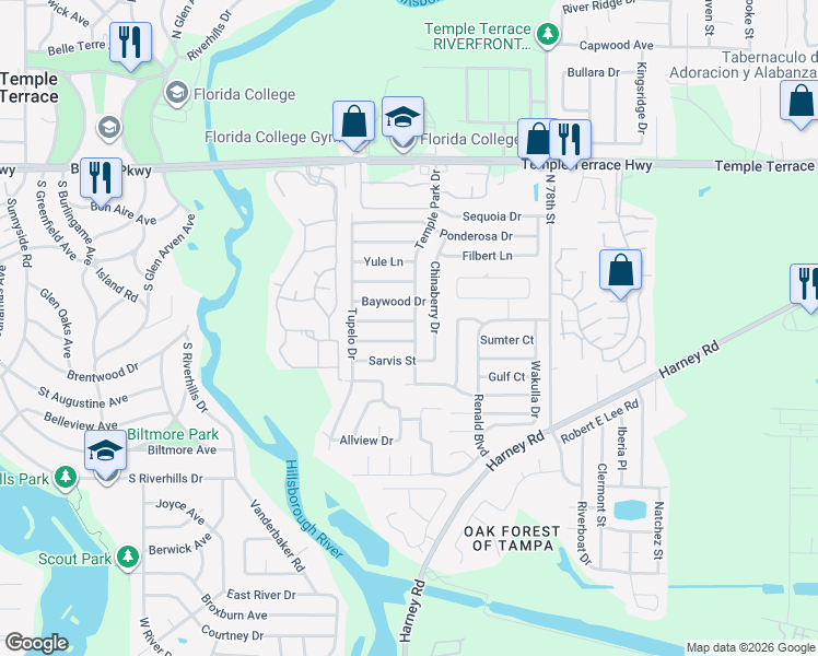 map of restaurants, bars, coffee shops, grocery stores, and more near 8511 Temple Park Drive in Tampa