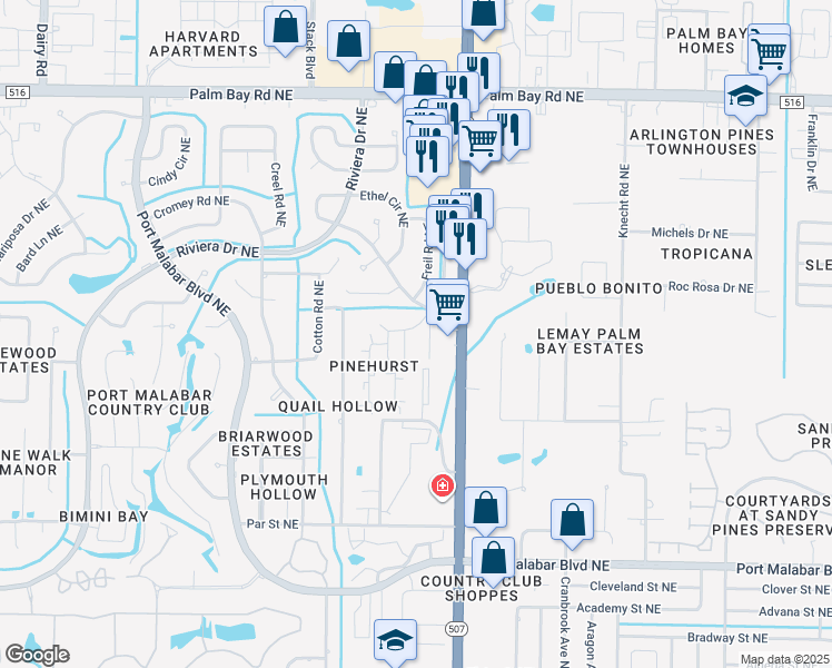 map of restaurants, bars, coffee shops, grocery stores, and more near 2101 Forest Knoll Drive Northeast in Palm Bay
