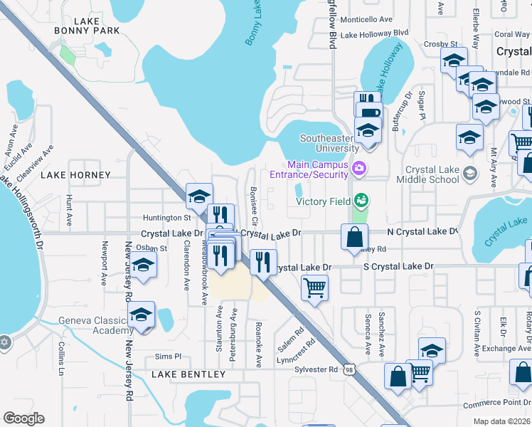 map of restaurants, bars, coffee shops, grocery stores, and more near 1180 North Crystal Lake Drive in Lakeland