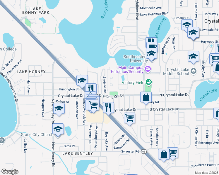 map of restaurants, bars, coffee shops, grocery stores, and more near 1180 North Crystal Lake Drive in Lakeland