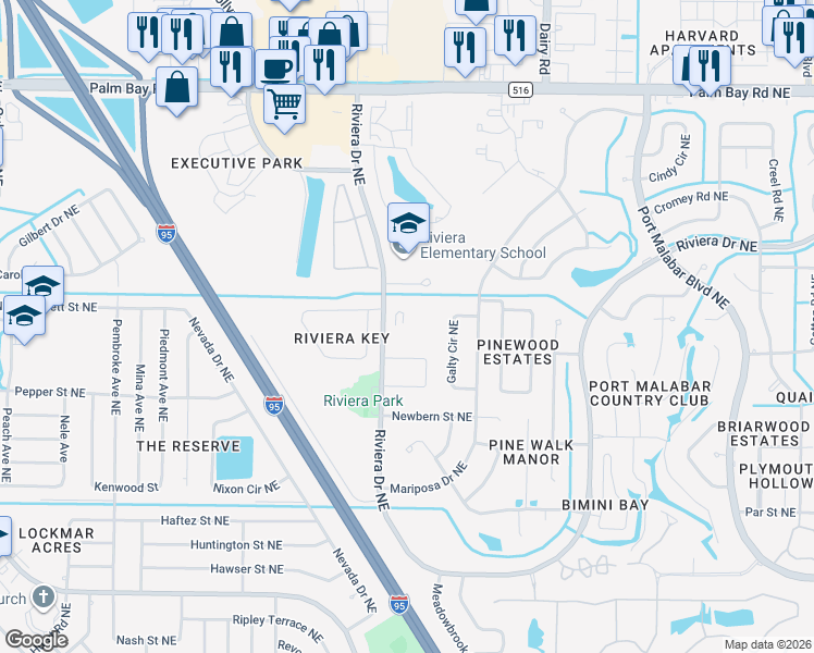 map of restaurants, bars, coffee shops, grocery stores, and more near 451 Riviera Drive Northeast in Palm Bay