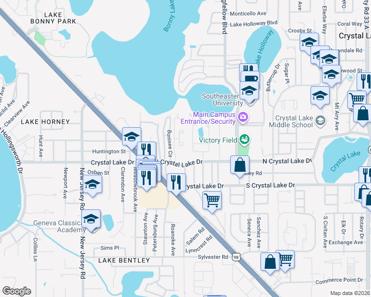 map of restaurants, bars, coffee shops, grocery stores, and more near 1880 North Crystal Lake Drive in Lakeland
