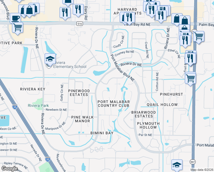 map of restaurants, bars, coffee shops, grocery stores, and more near 1303 Cherry Hills Road Northeast in Palm Bay
