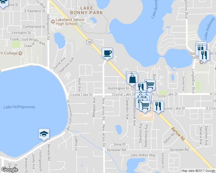 map of restaurants, bars, coffee shops, grocery stores, and more near 1625 Mockingbird Lane in Lakeland