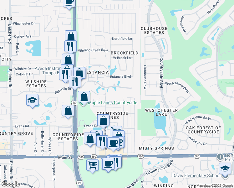 map of restaurants, bars, coffee shops, grocery stores, and more near 1901 Hammock Pine Boulevard in Clearwater