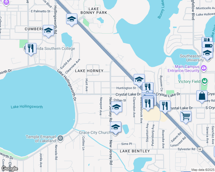 map of restaurants, bars, coffee shops, grocery stores, and more near 1541 Mockingbird Lane in Lakeland