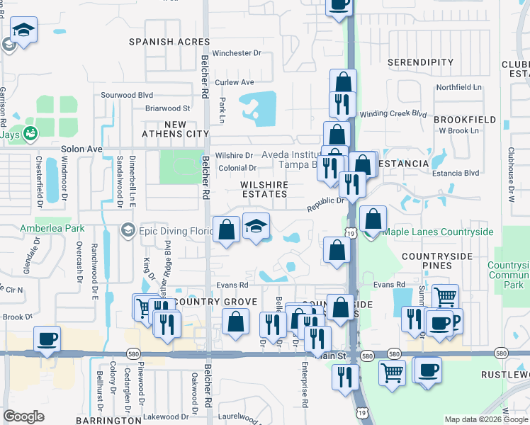 map of restaurants, bars, coffee shops, grocery stores, and more near 2271 Republic Drive in Dunedin