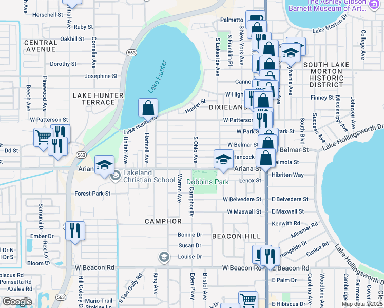map of restaurants, bars, coffee shops, grocery stores, and more near 607 West Hancock Street in Lakeland