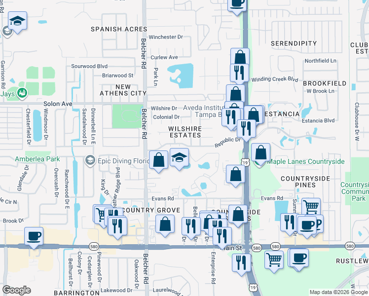 map of restaurants, bars, coffee shops, grocery stores, and more near 2271 Republic Drive in Dunedin