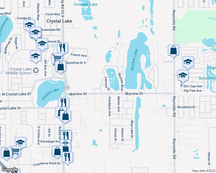 map of restaurants, bars, coffee shops, grocery stores, and more near 1307 Fairway Drive in Lakeland