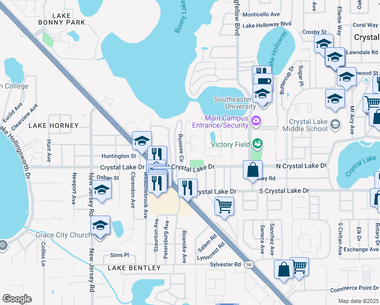 map of restaurants, bars, coffee shops, grocery stores, and more near 1180 North Crystal Lake Drive in Lakeland