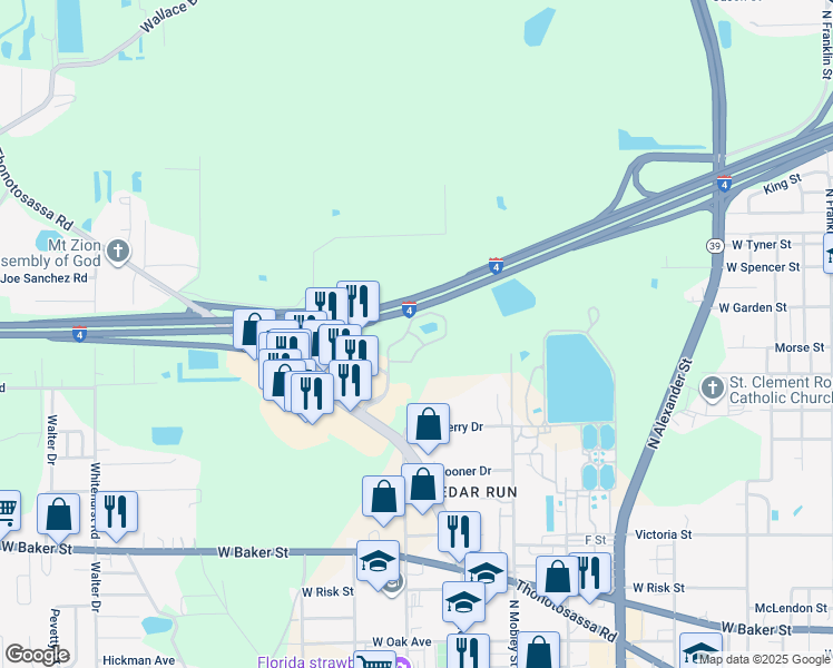 map of restaurants, bars, coffee shops, grocery stores, and more near 1209 Goldfinch Drive in Plant City