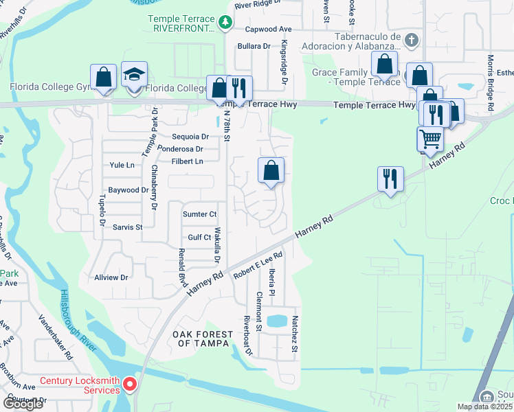 map of restaurants, bars, coffee shops, grocery stores, and more near 7906 Tangerine Drive in Temple Terrace