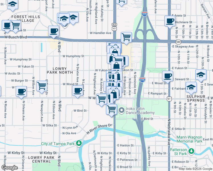 map of restaurants, bars, coffee shops, grocery stores, and more near 205 West Wood Street in Tampa