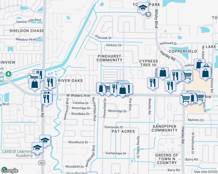 map of restaurants, bars, coffee shops, grocery stores, and more near 8532 Briar Grove Circle in Tampa