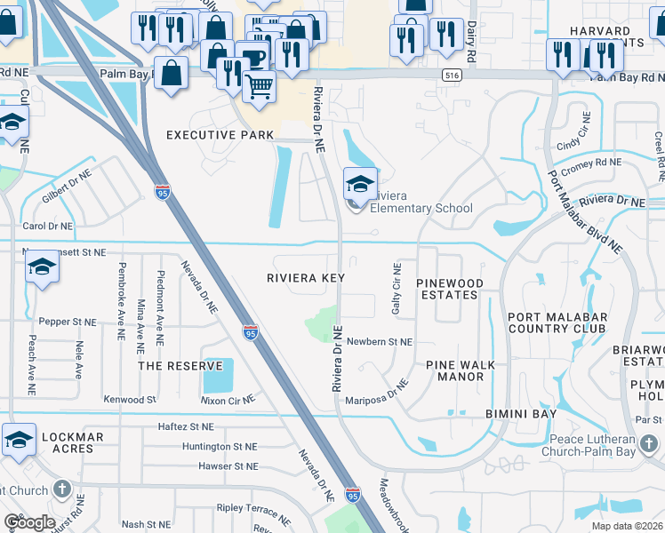 map of restaurants, bars, coffee shops, grocery stores, and more near 992 Tavernier Circle Northeast in Palm Bay