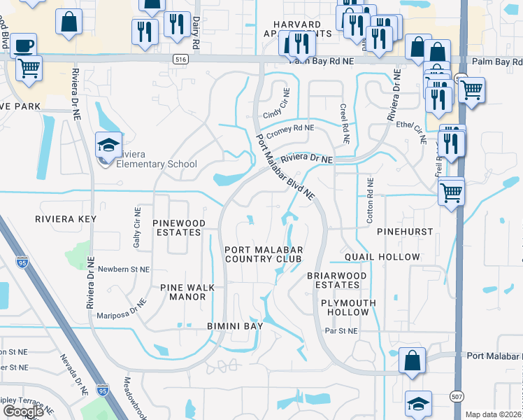 map of restaurants, bars, coffee shops, grocery stores, and more near 1305 Golf Vista Court Northeast in Palm Bay