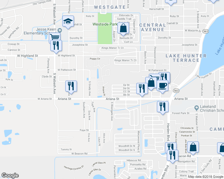 map of restaurants, bars, coffee shops, grocery stores, and more near 1162 Westgate Avenue in Lakeland