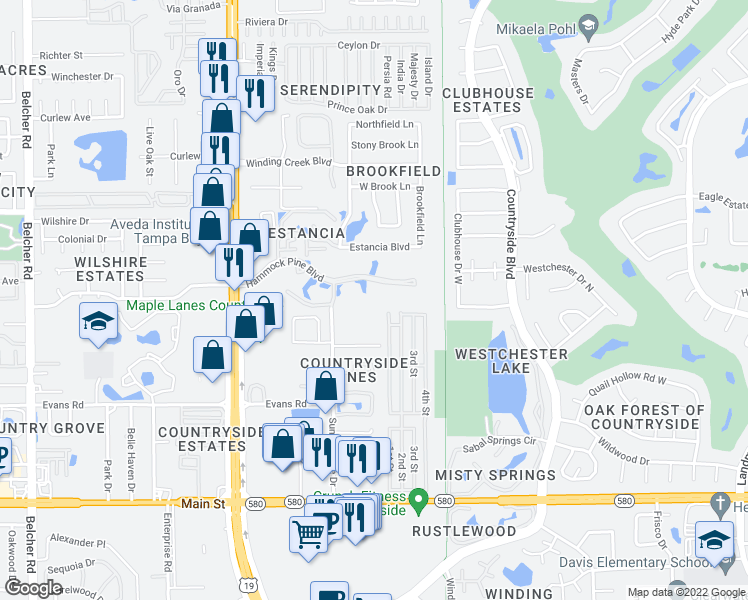 map of restaurants, bars, coffee shops, grocery stores, and more near 1901 Hammock Pine Boulevard in Clearwater