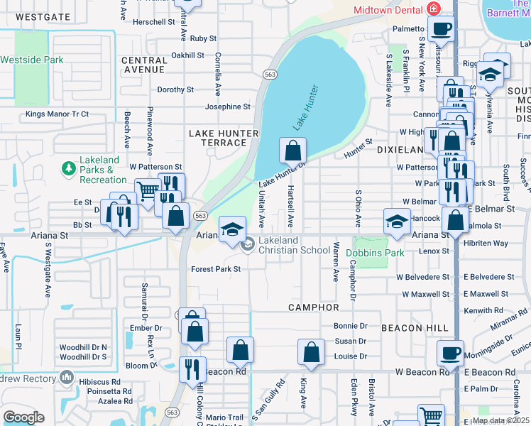 map of restaurants, bars, coffee shops, grocery stores, and more near 1205 Unitah Avenue in Lakeland