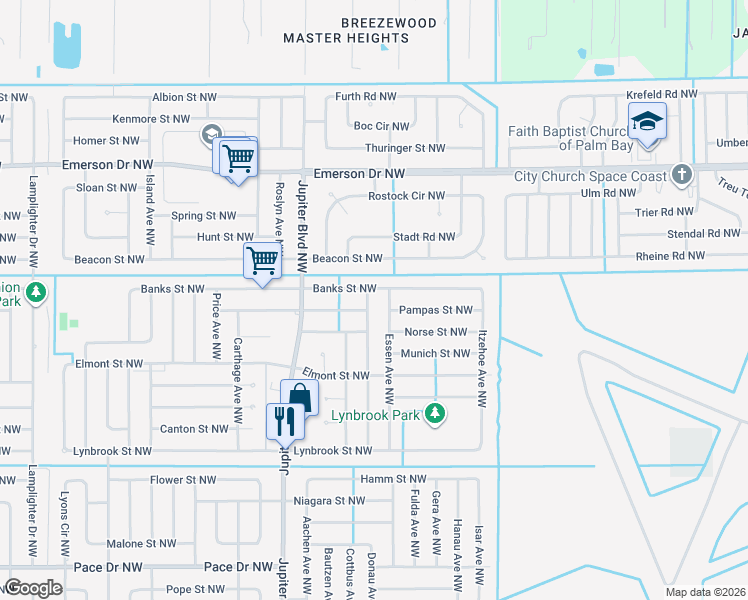 map of restaurants, bars, coffee shops, grocery stores, and more near 1175 Dusseldorf Avenue Northwest in Palm Bay