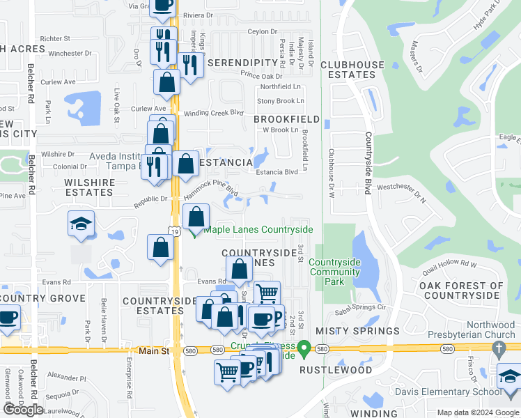 map of restaurants, bars, coffee shops, grocery stores, and more near 2306 Hammock Pine Boulevard in Clearwater