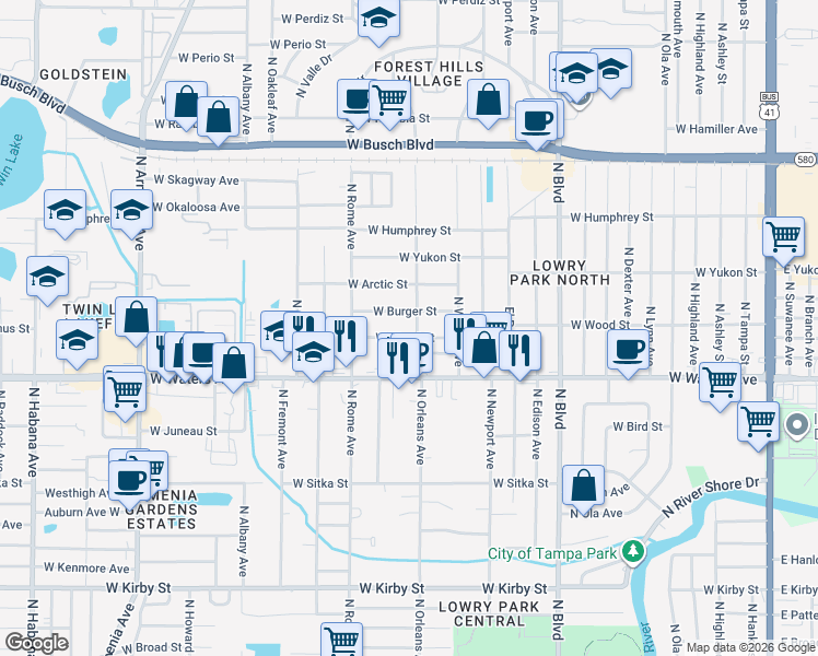 map of restaurants, bars, coffee shops, grocery stores, and more near 8507 North Orleans Avenue in Tampa