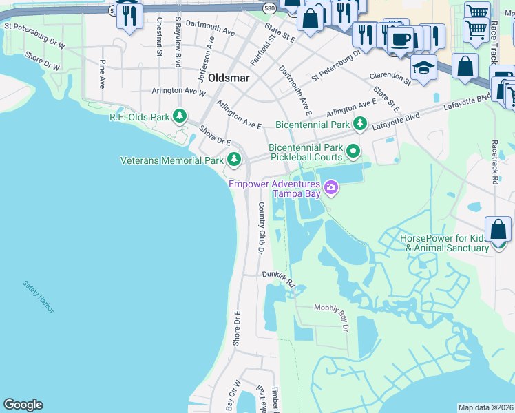 map of restaurants, bars, coffee shops, grocery stores, and more near 314 Country Club Drive in Oldsmar